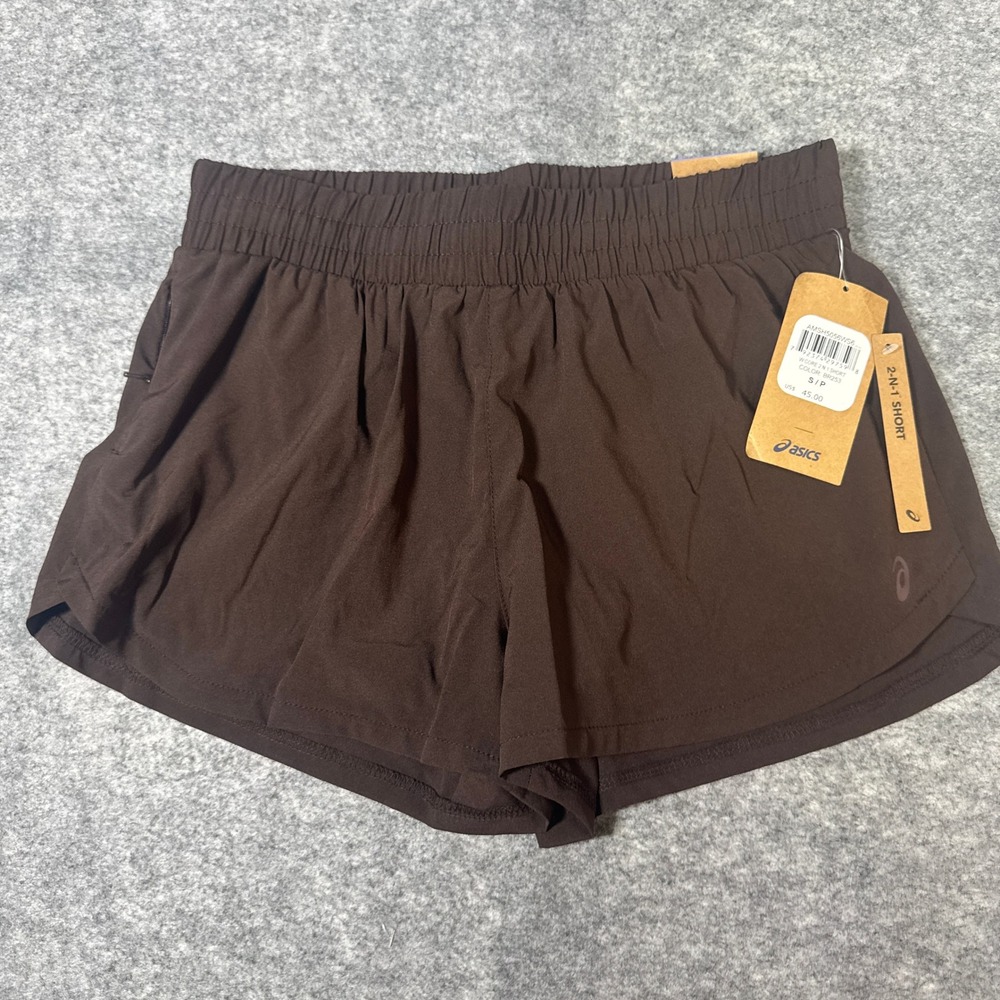 Asics Women Core 2-N-1 Short Espresso Brown Athletic Running Shorts Small NWT